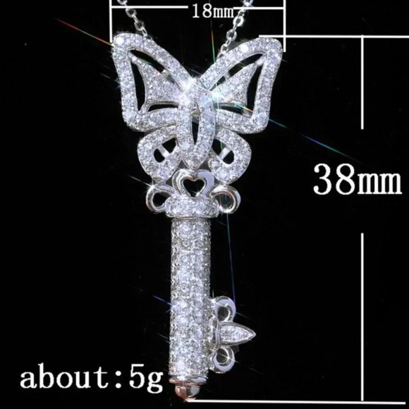 NEW Silver Diamond Butterfly Key Pendant Necklace - Picture 5 of 8